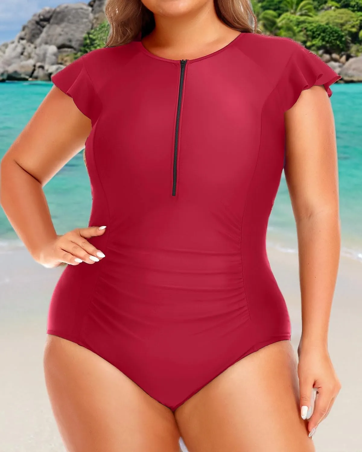 Holipick Plus Size One Piece Swimsuit for Women Tummy Control Cap Sleeves Bathing Suits Zipper Front Rash Guard Swimwear