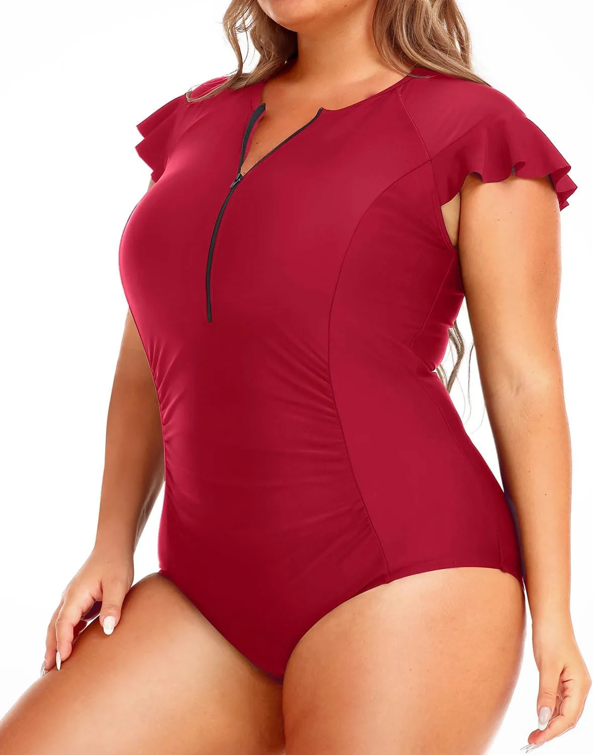 Holipick Plus Size One Piece Swimsuit for Women Tummy Control Cap Sleeves Bathing Suits Zipper Front Rash Guard Swimwear