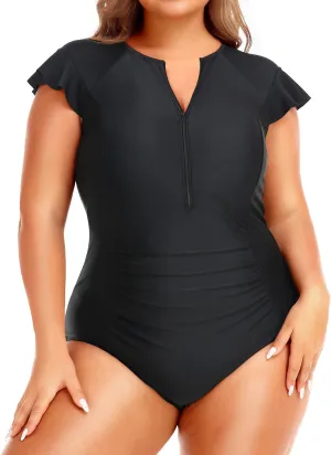 Holipick Plus Size One Piece Swimsuit for Women Tummy Control Cap Sleeves Bathing Suits Zipper Front Rash Guard Swimwear