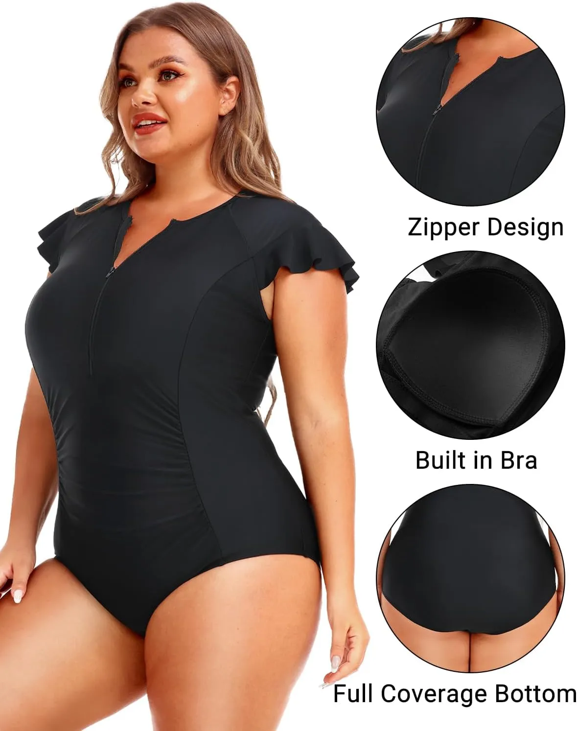 Holipick Plus Size One Piece Swimsuit for Women Tummy Control Cap Sleeves Bathing Suits Zipper Front Rash Guard Swimwear