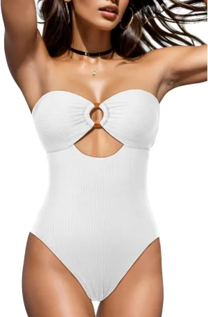 Holipick Ribbed Strapless Bandeau One Piece Swimsuits for Women Cutout Cheeky Bathing Suits