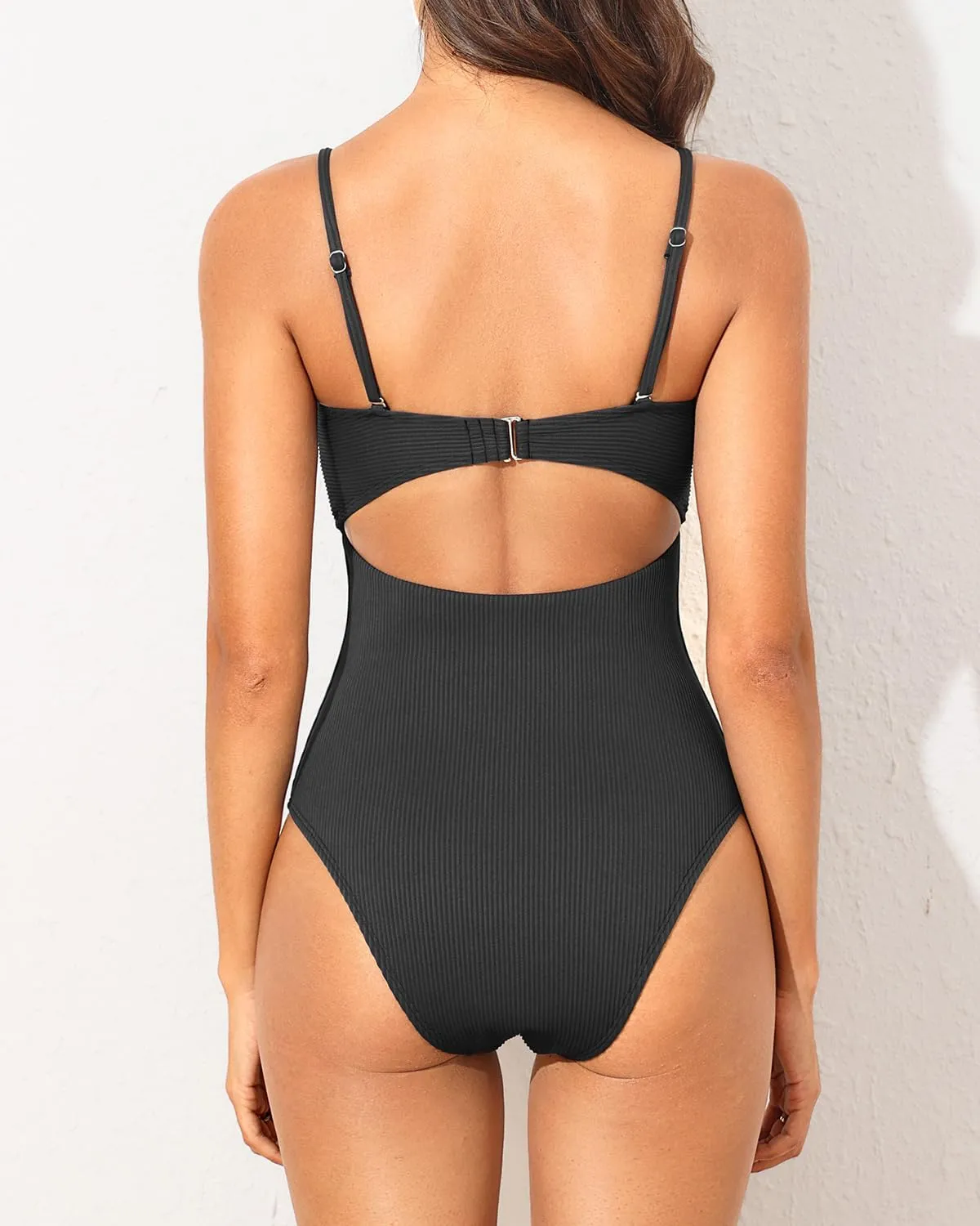 Holipick Ribbed Strapless Bandeau One Piece Swimsuits for Women Cutout Cheeky Bathing Suits
