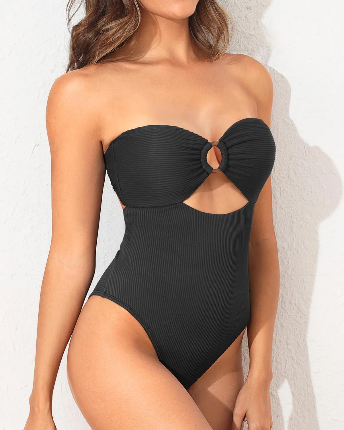 Holipick Ribbed Strapless Bandeau One Piece Swimsuits for Women Cutout Cheeky Bathing Suits