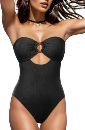 Holipick Ribbed Strapless Bandeau One Piece Swimsuits for Women Cutout Cheeky Bathing Suits