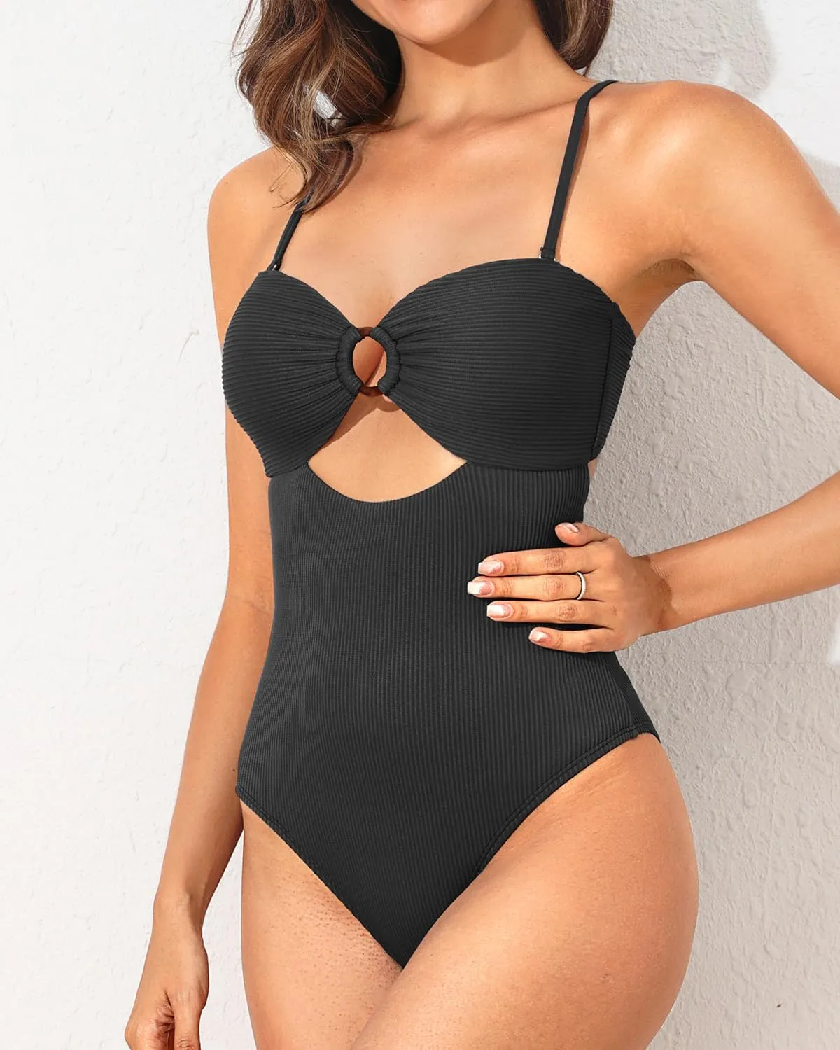 Holipick Ribbed Strapless Bandeau One Piece Swimsuits for Women Cutout Cheeky Bathing Suits