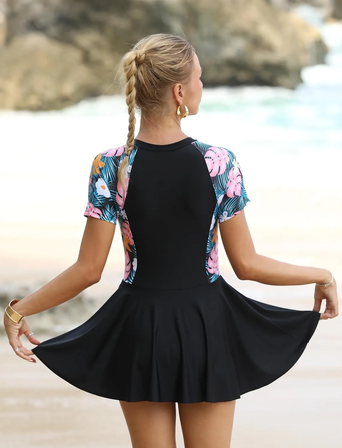 IDOPIP Rash Guard Swim Dress for Women One Piece Swimsuit Bathing Suit Short Sleeve Swimdress with Shorts Modest Swimwear