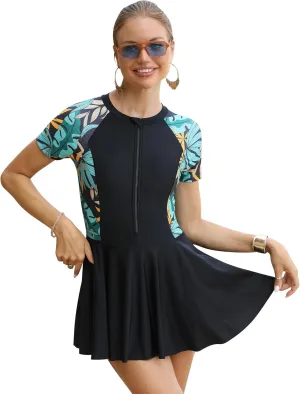 IDOPIP Rash Guard Swim Dress for Women One Piece Swimsuit Bathing Suit Short Sleeve Swimdress with Shorts Modest Swimwear