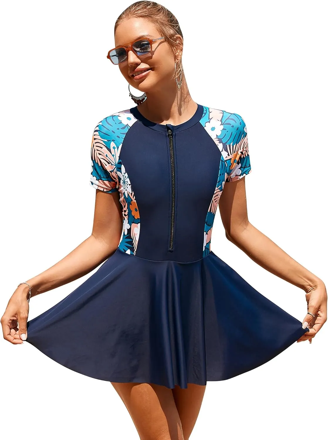 IDOPIP Rash Guard Swim Dress for Women One Piece Swimsuit Bathing Suit Short Sleeve Swimdress with Shorts Modest Swimwear