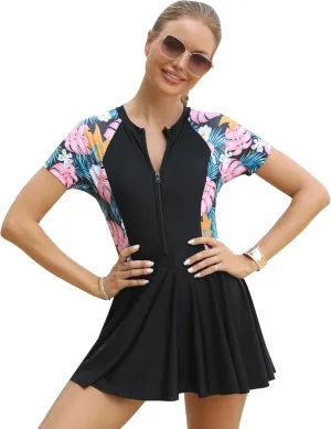 IDOPIP Rash Guard Swim Dress for Women One Piece Swimsuit Bathing Suit Short Sleeve Swimdress with Shorts Modest Swimwear