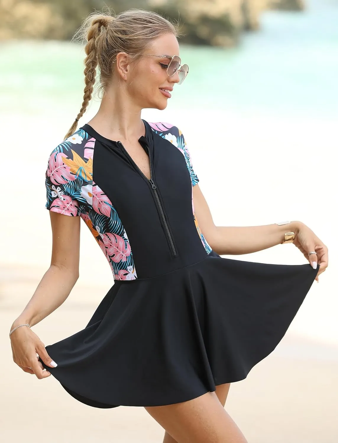 IDOPIP Rash Guard Swim Dress for Women One Piece Swimsuit Bathing Suit Short Sleeve Swimdress with Shorts Modest Swimwear