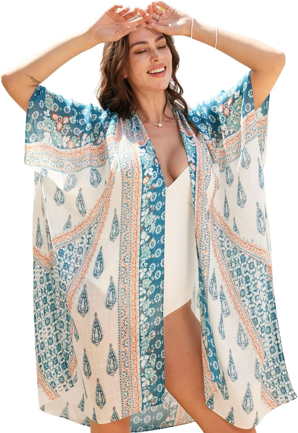 Isurrender Kimonos for Women Lightweight Swimsuit Coverup Boho Floral Beach Cover Ups for Swimwear Casual Summer Cardigan