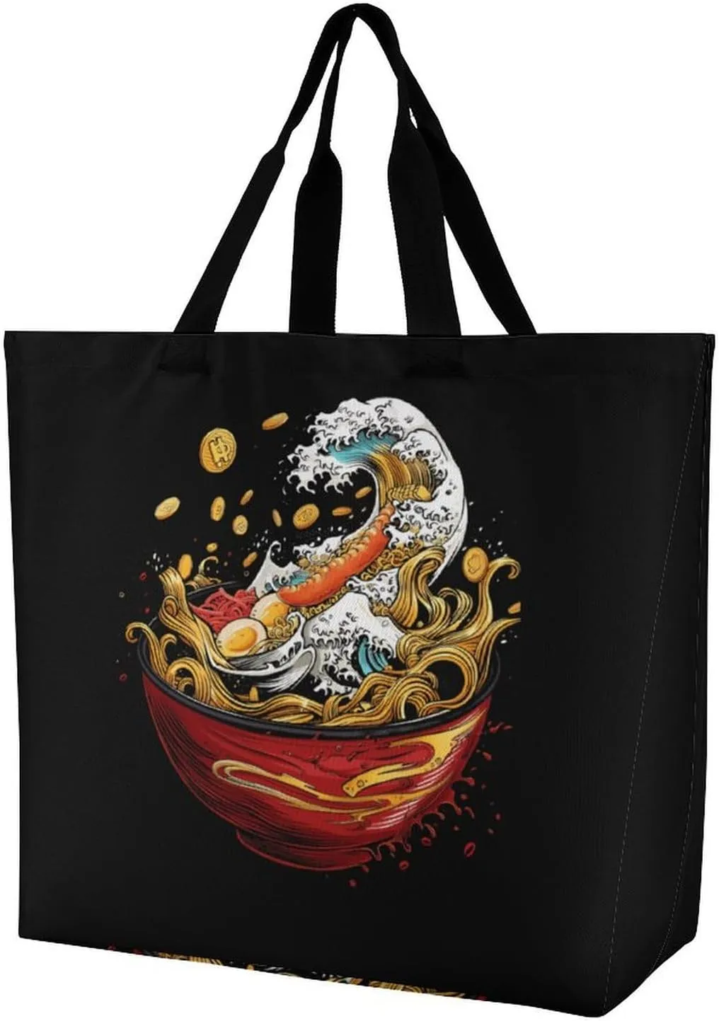Japanese Wave Ramen Women's Shoulder Shopping Bags Foldable Tote Bag Large Capacity Handbag for Work Travel