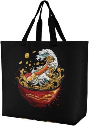 Japanese Wave Ramen Women's Shoulder Shopping Bags Foldable Tote Bag Large Capacity Handbag for Work Travel