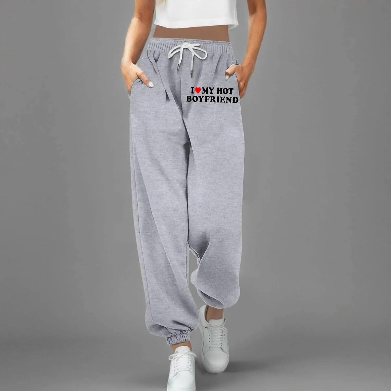 Jogger Sweatpants Women Letter Print Drawstring Casual Jogger Pants High Waist Trousers with Pocket