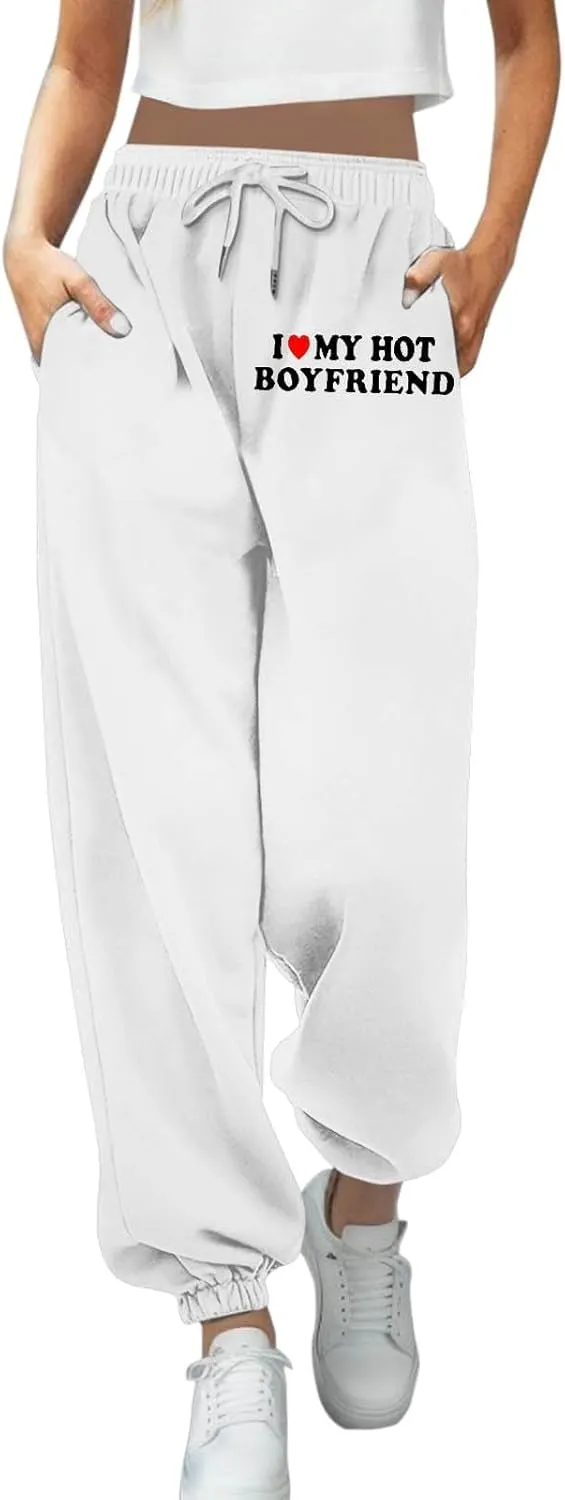 Jogger Sweatpants Women Letter Print Drawstring Casual Jogger Pants High Waist Trousers with Pocket