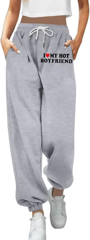 Jogger Sweatpants Women Letter Print Drawstring Casual Jogger Pants High Waist Trousers with Pocket