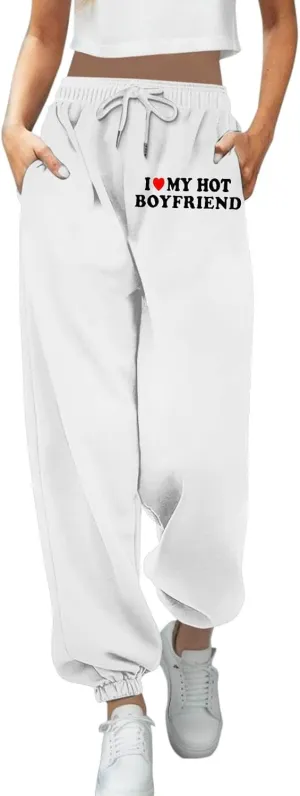 Jogger Sweatpants Women Letter Print Drawstring Casual Jogger Pants High Waist Trousers with Pocket