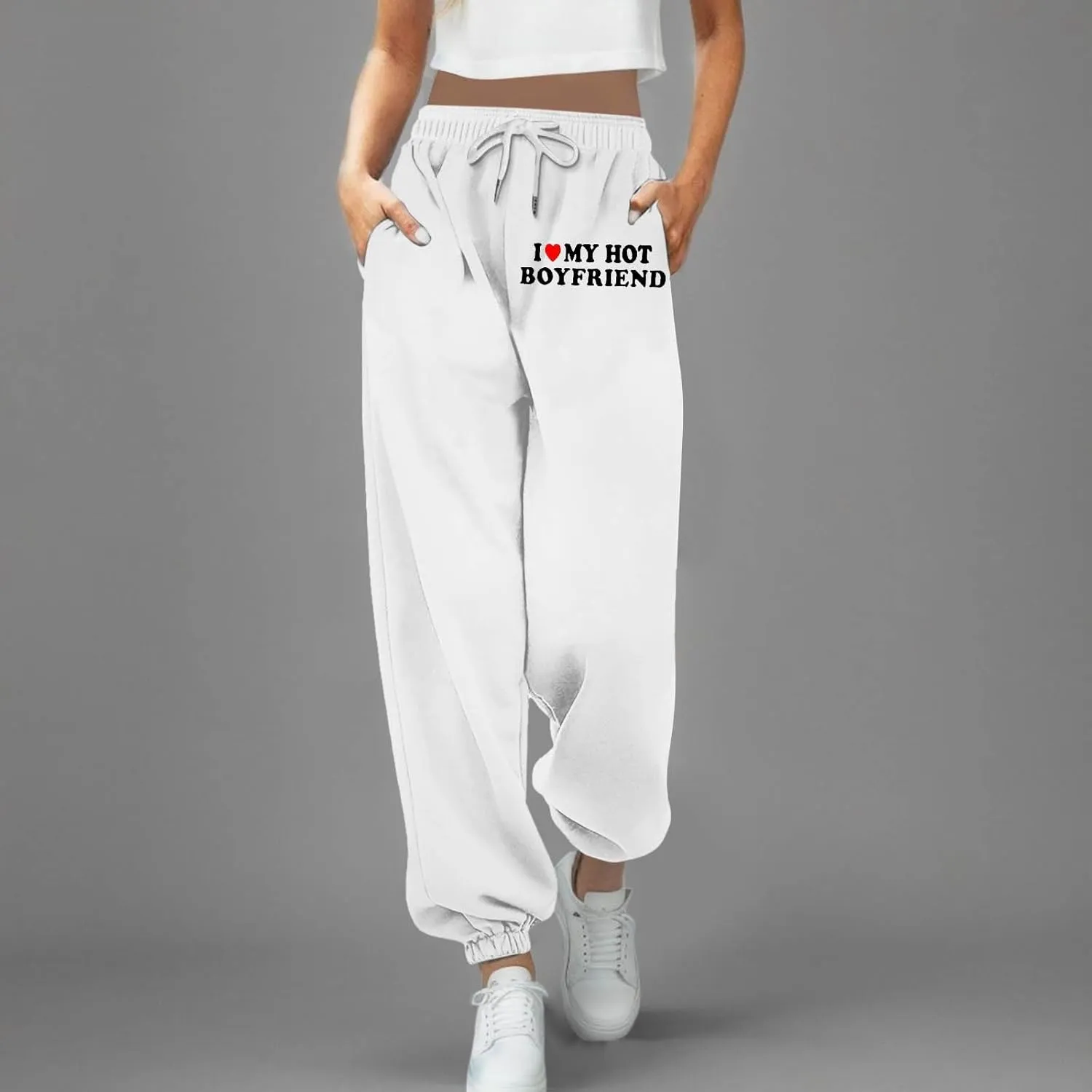 Jogger Sweatpants Women Letter Print Drawstring Casual Jogger Pants High Waist Trousers with Pocket