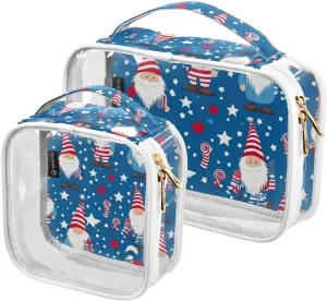 Joko Ivery Gnomes America Flag 2 Pieces Clear Makeup Cosmetic Toiletry Bags for Women Men PVC Portable Travel Storage Carry Pouch with Gold Zippers Travel Organizer for Organizing Traveling Bathroom