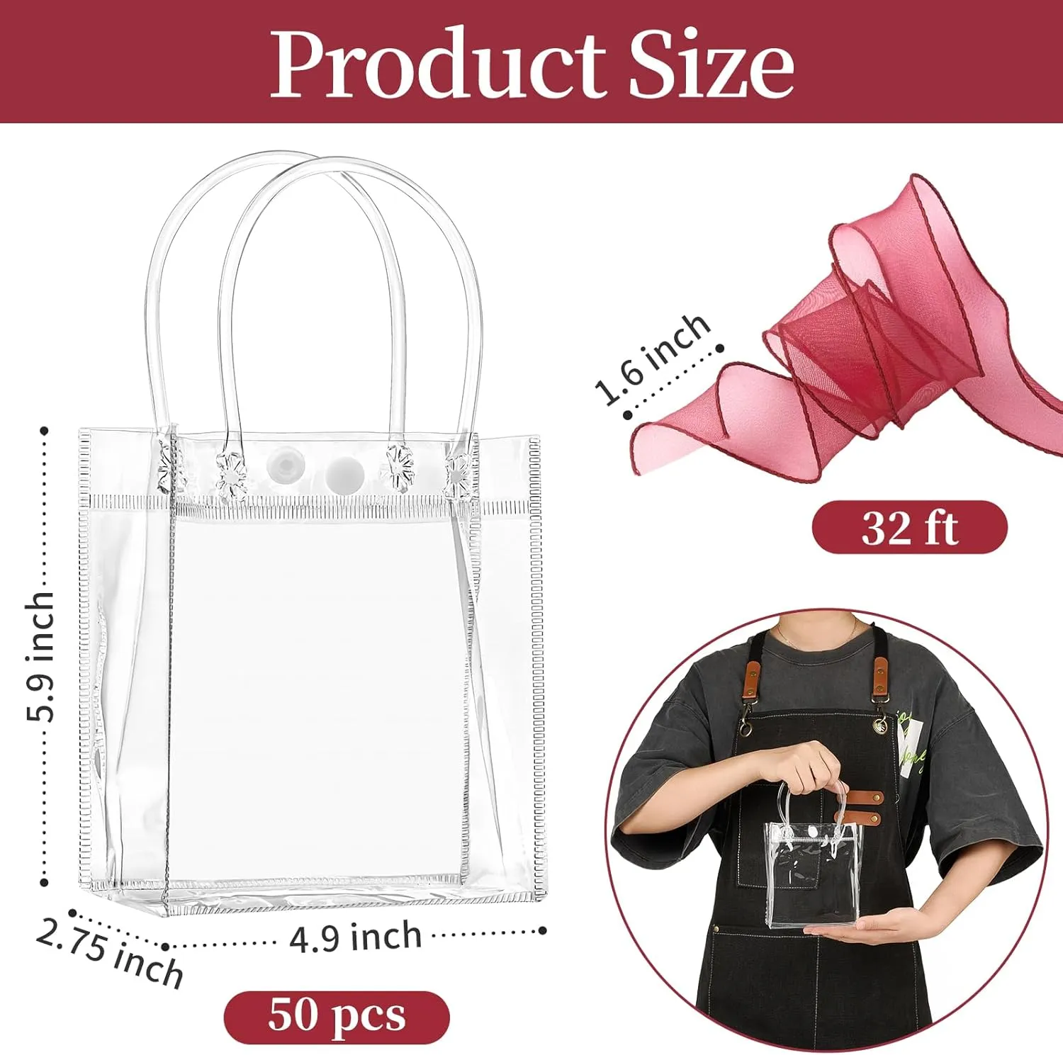 Jutieuo 50 Pack Clear Plastic Gift Bags with Handles, 5.9" x 4.9" x 2.8" Reusable Transparent Party Favor Bags Goodie Bags Bulk for Wedding, Baby Shower, Birthday