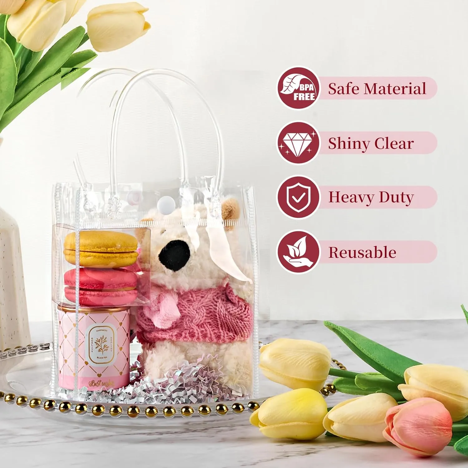 Jutieuo 50 Pack Clear Plastic Gift Bags with Handles, 5.9" x 4.9" x 2.8" Reusable Transparent Party Favor Bags Goodie Bags Bulk for Wedding, Baby Shower, Birthday