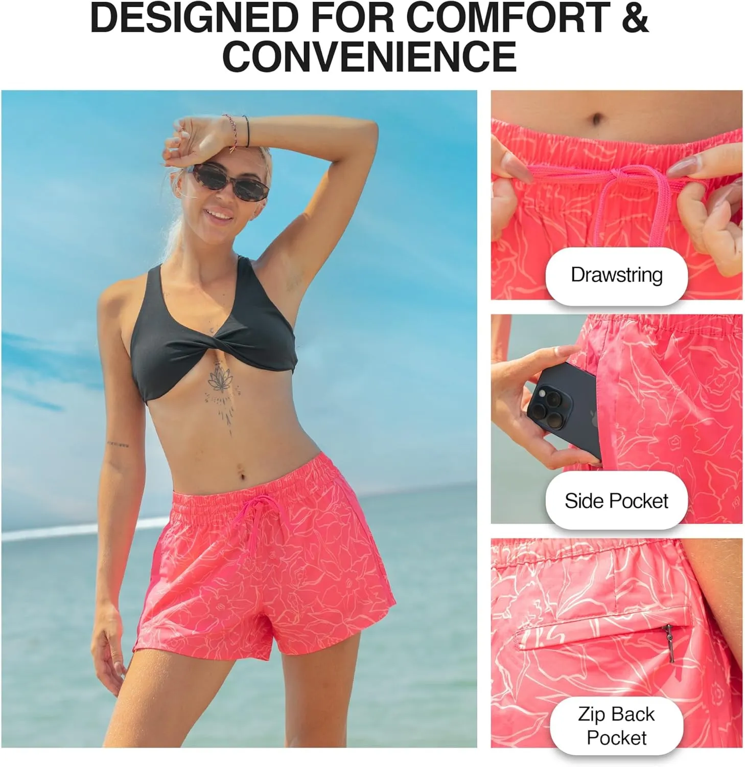 Kanu Surf Women's Darren Swim UPF 50  Quick-Dry Stretch Gym Shorts 2 Side Back Zipper Pocket