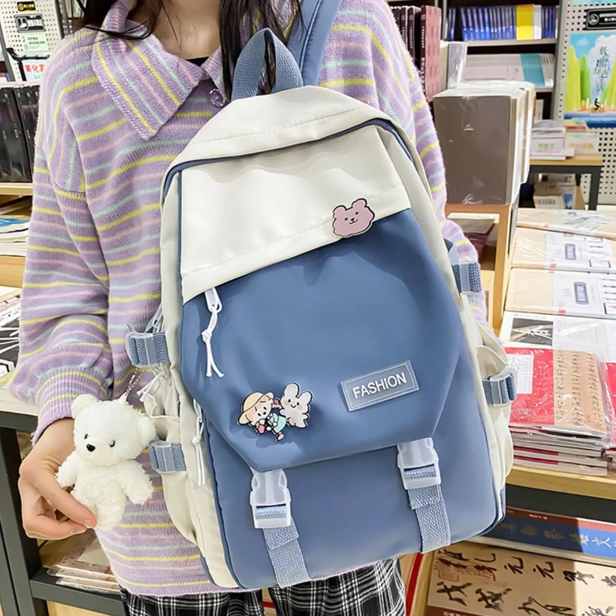 Kawaii Backpack with Cute Accessories Durable Laptop Large Bookbags Lightweight Waterproof Casual Travel Daypacks (Blue)