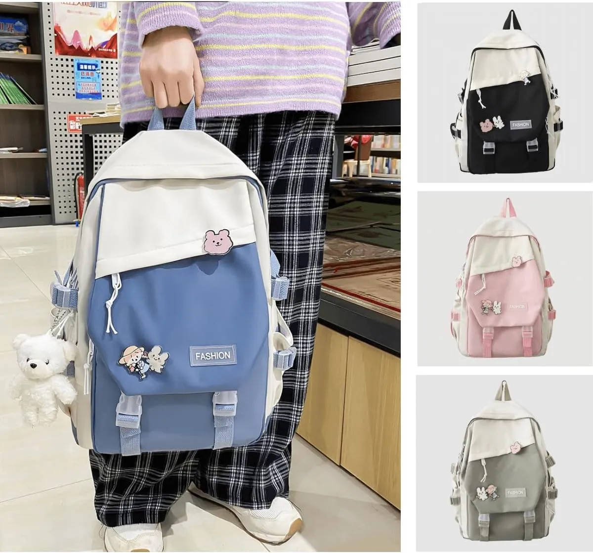 Kawaii Backpack with Cute Accessories Durable Laptop Large Bookbags Lightweight Waterproof Casual Travel Daypacks (Blue)