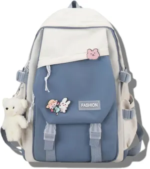 Kawaii Backpack with Cute Accessories Durable Laptop Large Bookbags Lightweight Waterproof Casual Travel Daypacks (Blue)