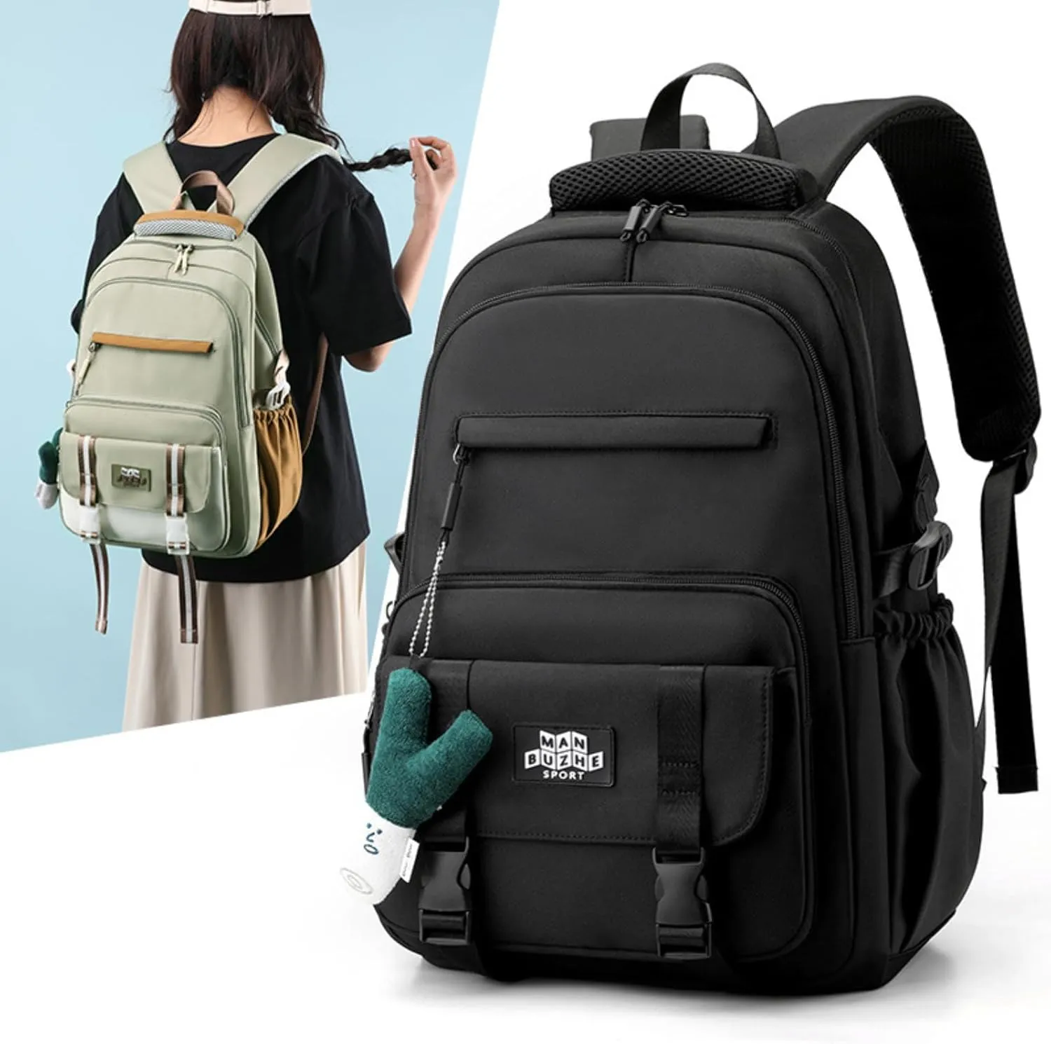 Kawaii Backpack with Cute Accessories Pendant Travel Bag Large Outdoor Waterproof Casual Daypack Women Men (Black)