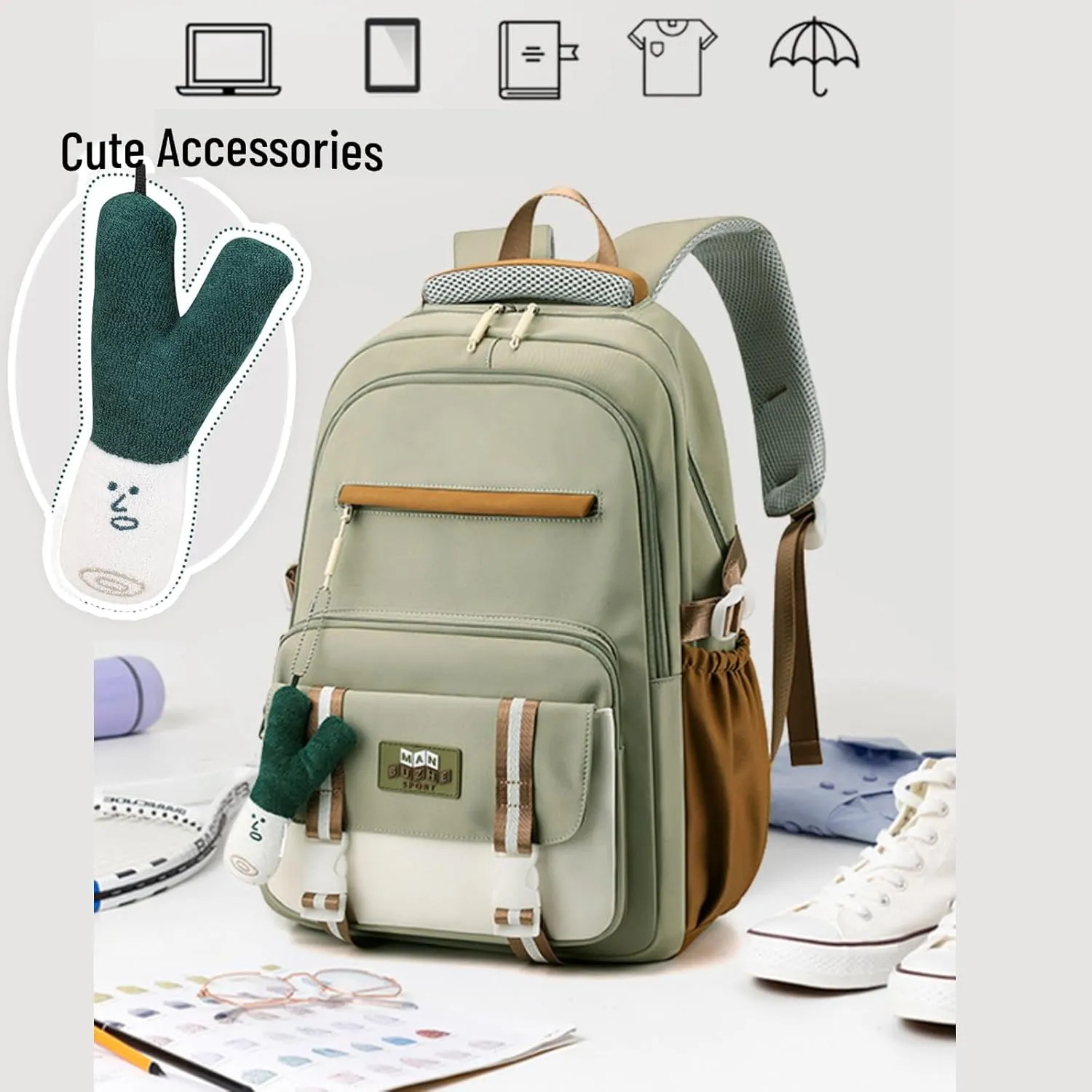 Kawaii Backpack with Cute Accessories Pendant Travel Bag Large Outdoor Waterproof Casual Daypack Women Men (Black)