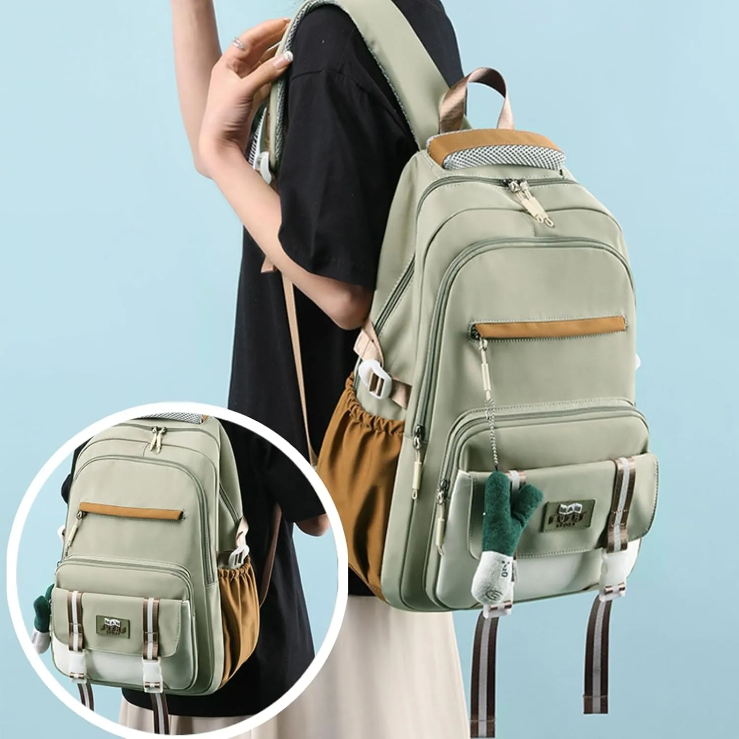 Kawaii Backpack with Cute Accessories Pendant Travel Bag Large Outdoor Waterproof Casual Daypack Women Men (Green)