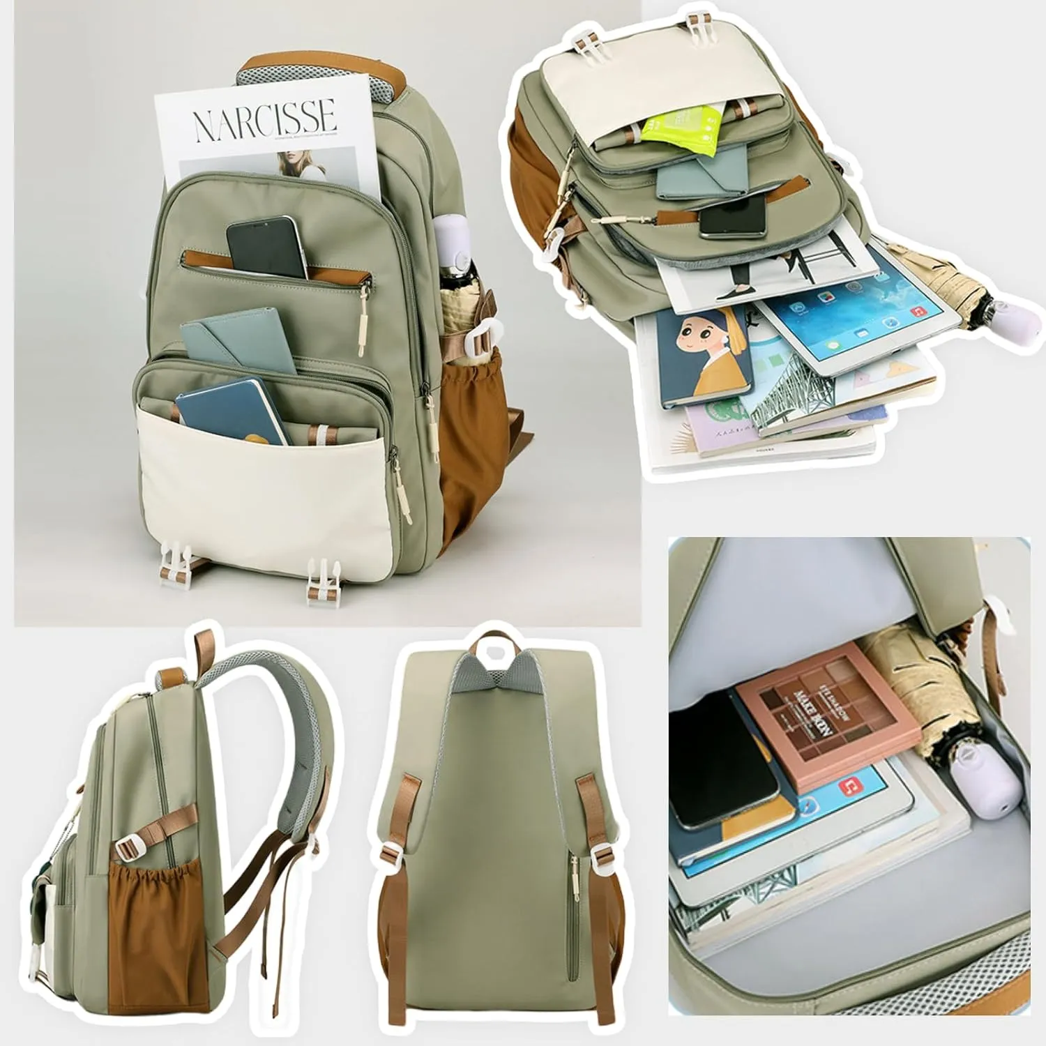 Kawaii Backpack with Cute Accessories Pendant Travel Bag Large Outdoor Waterproof Casual Daypack Women Men (Green)