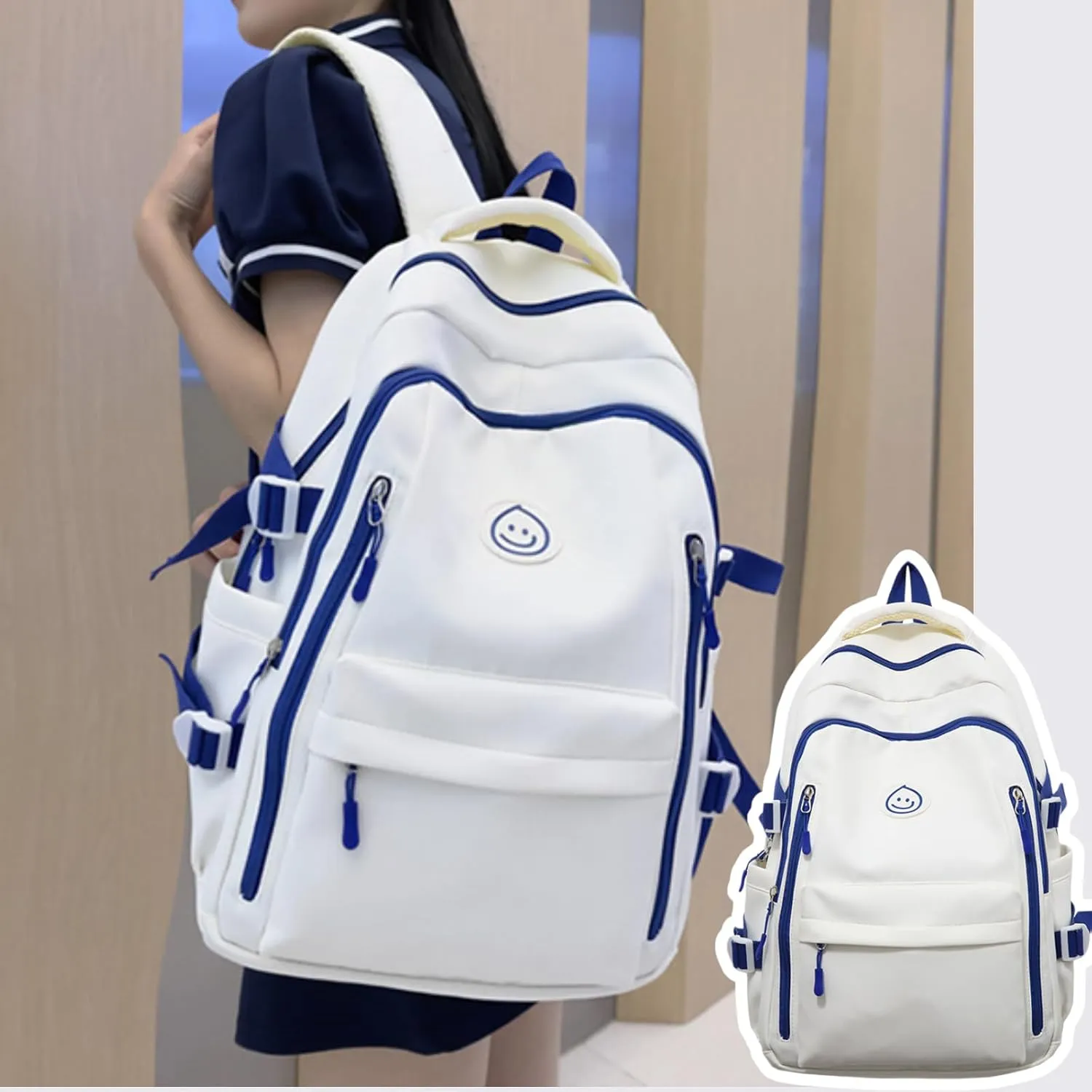 Kawaii Backpack with Cute Accessories Travel Backpacks Lightweight Casual Daypack Waterproof Laptop Women Men (Blue)