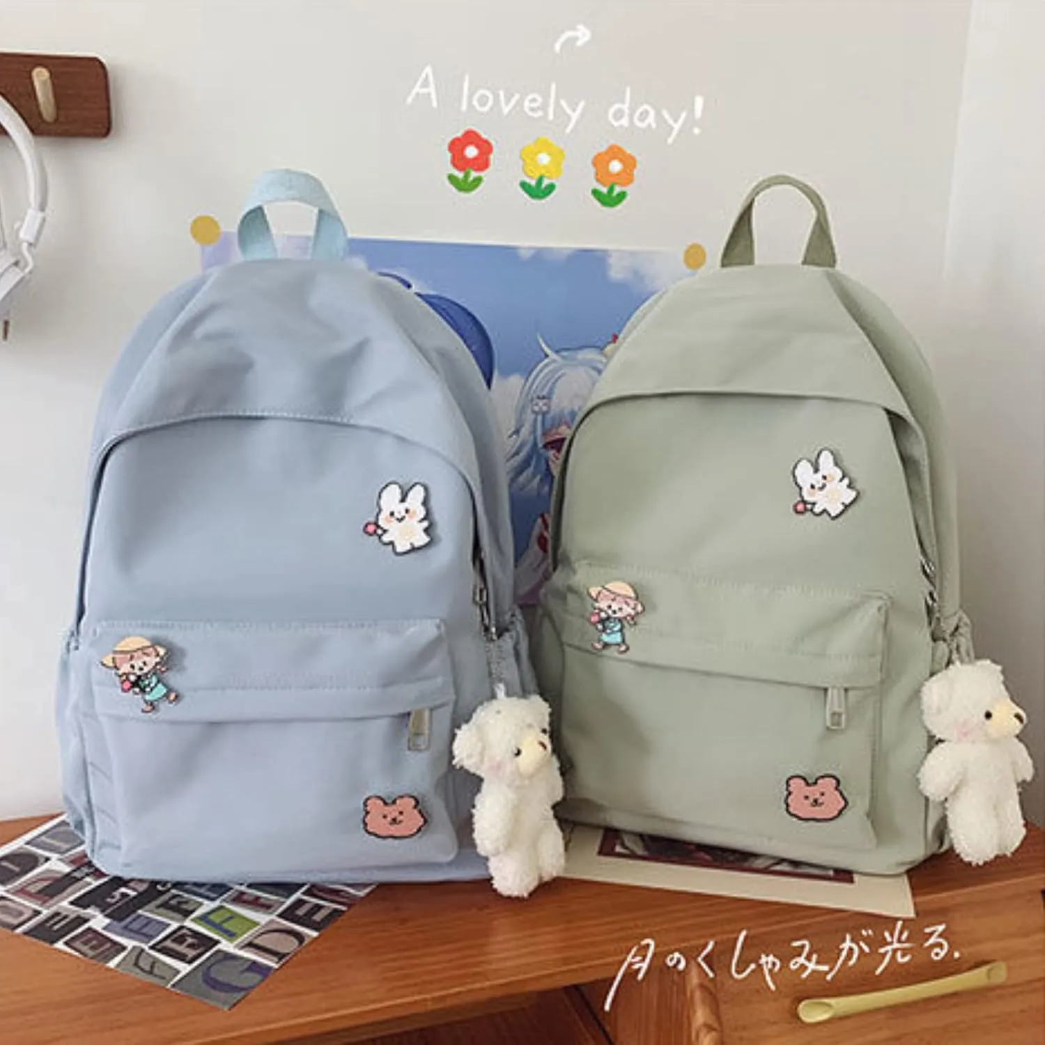 Kawaii Cute Aesthetic School Laptop Backpack with Accessories Pin Plush Pendant for Teen Girls, Students (Green)