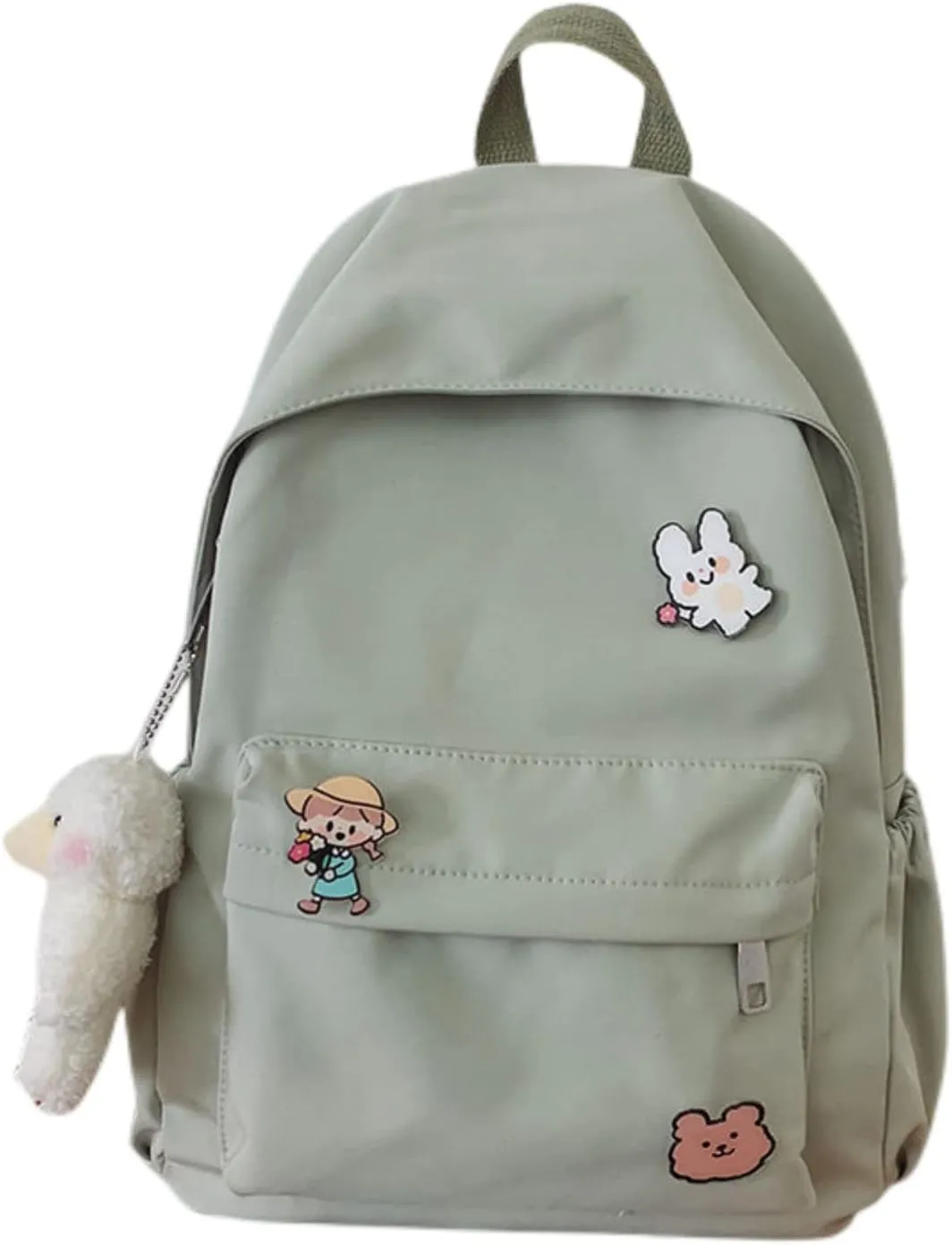 Kawaii Cute Aesthetic School Laptop Backpack with Accessories Pin Plush Pendant for Teen Girls, Students (Green)