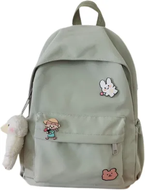 Kawaii Cute Aesthetic School Laptop Backpack with Accessories Pin Plush Pendant for Teen Girls, Students (Green)