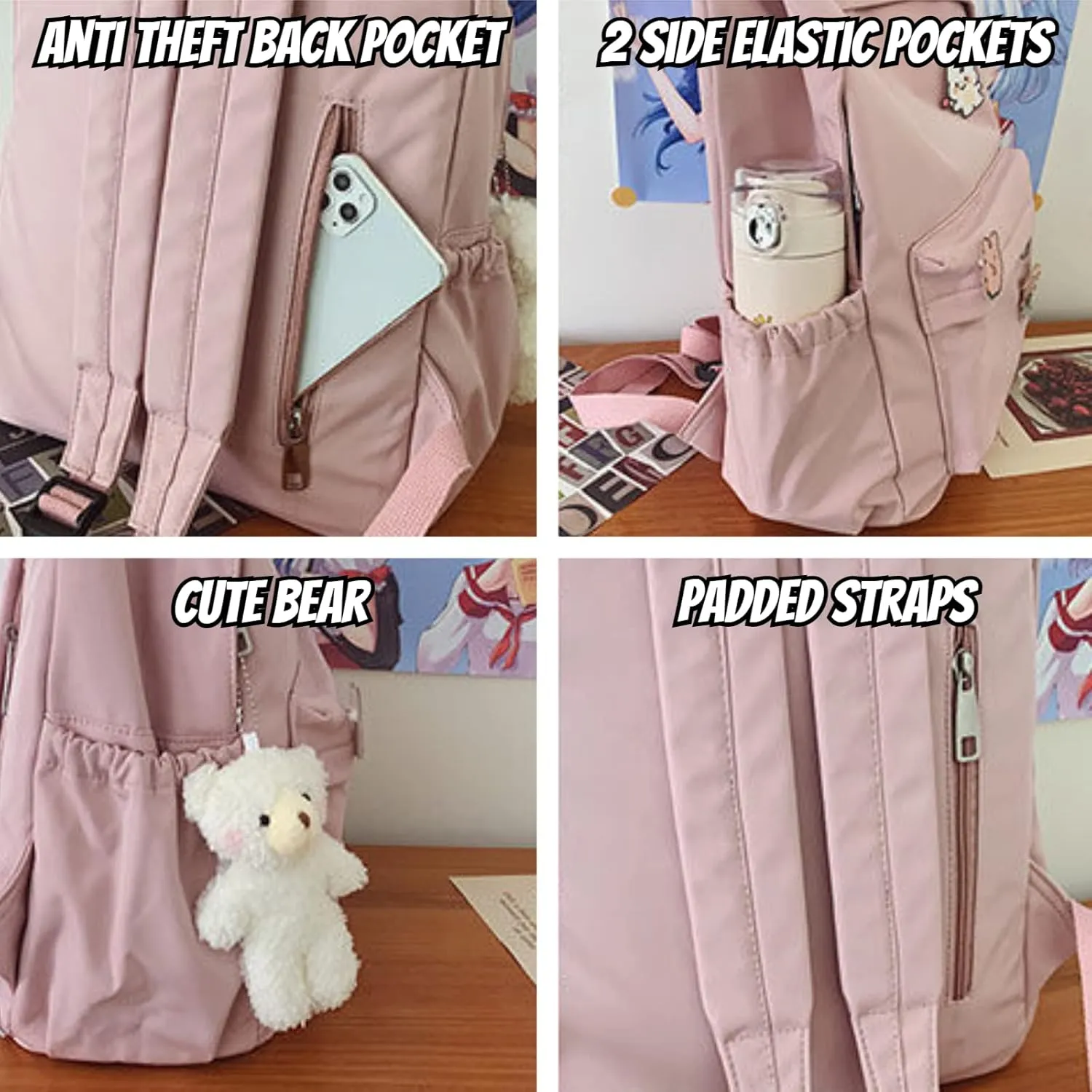 Kawaii Cute Aesthetic School Laptop Backpack with Accessories Pin Plush Pendant for Teen Girls, Students