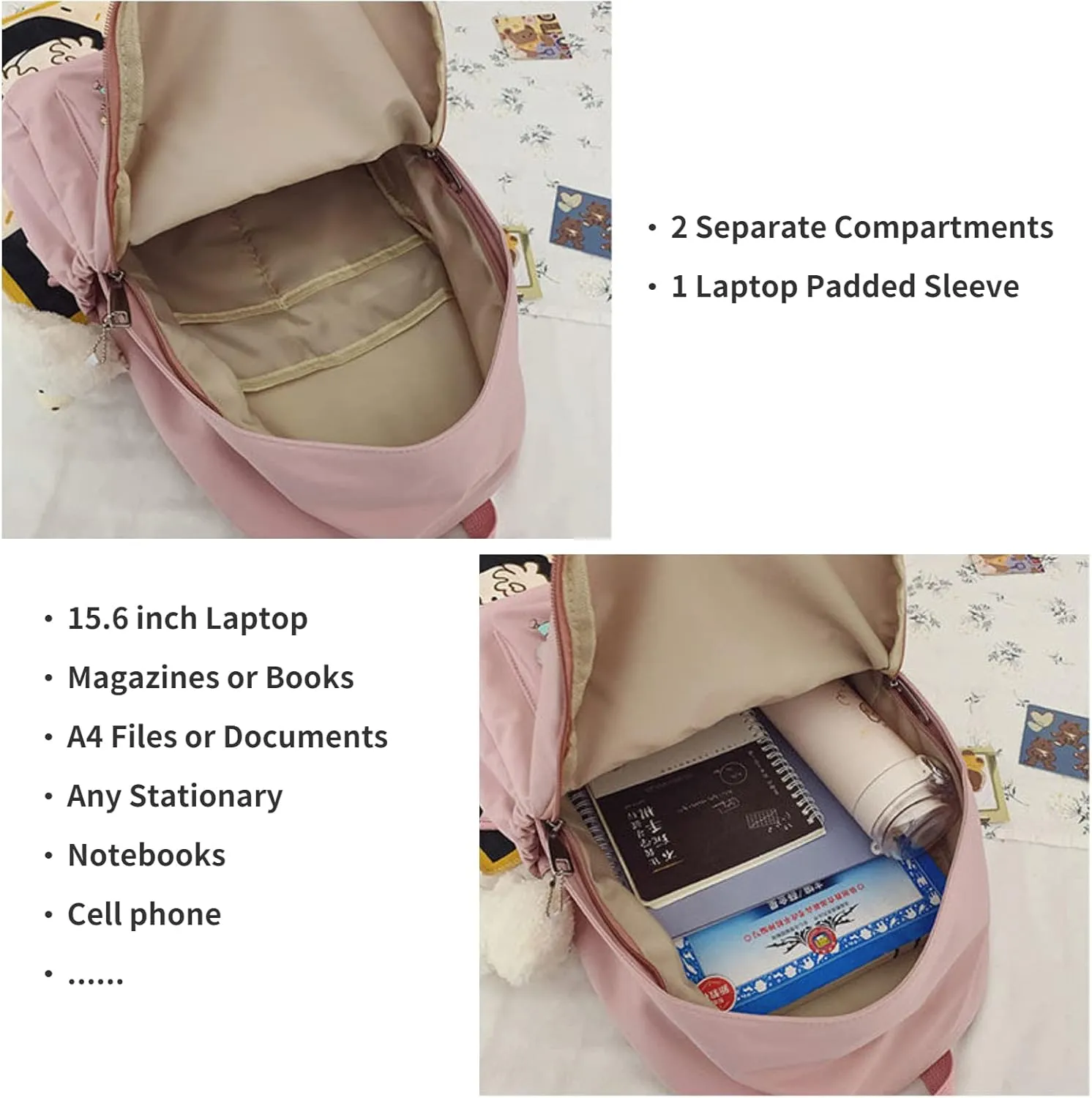 Kawaii Cute Aesthetic School Laptop Backpack with Accessories Pin Plush Pendant for Teen Girls, Students