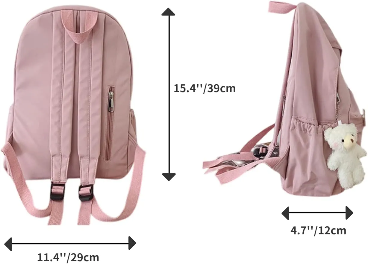 Kawaii Cute Aesthetic School Laptop Backpack with Accessories Pin Plush Pendant for Teen Girls, Students