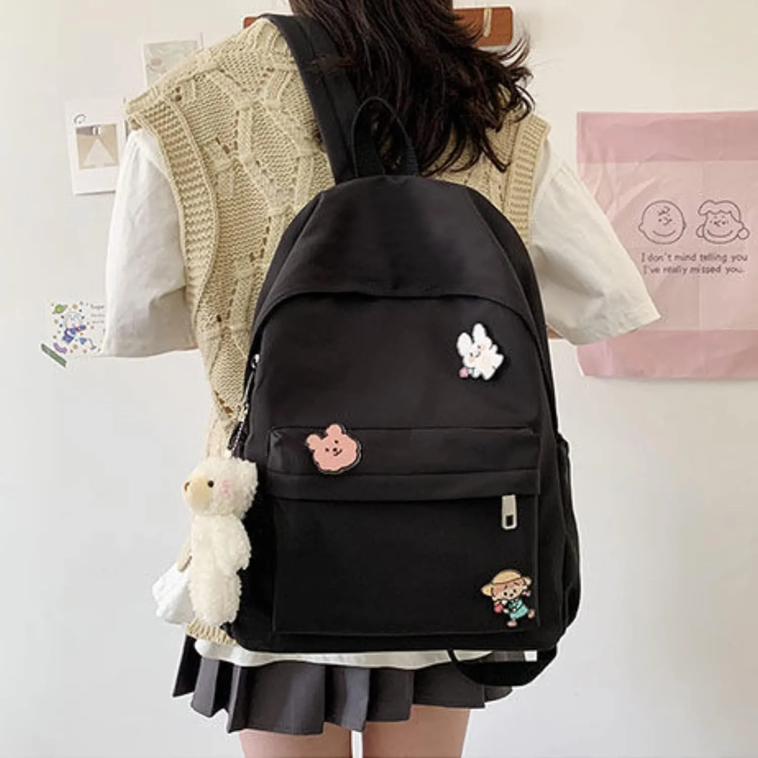 Kawaii Cute Aesthetic School Laptop Backpack with Accessories Pin Plush Pendant for Teen Girls, Students