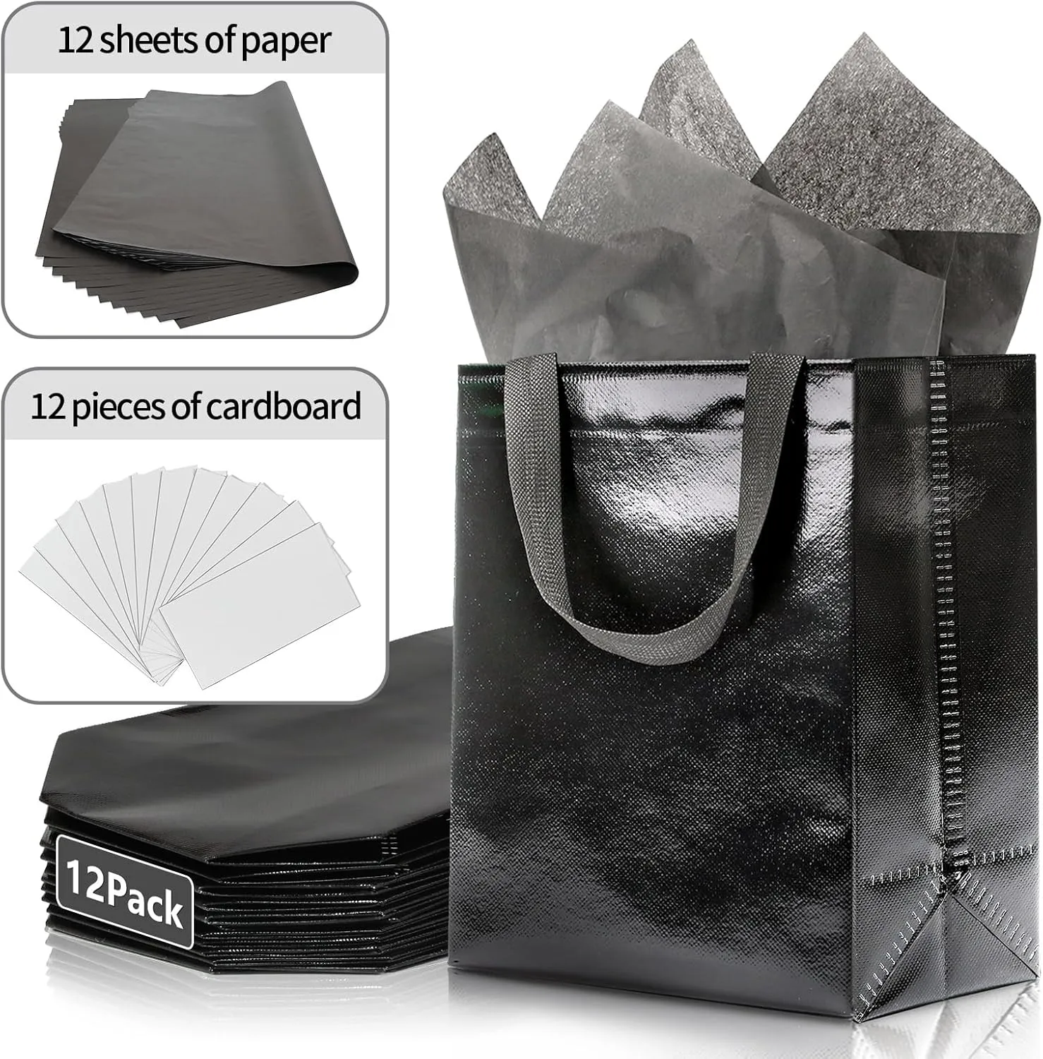 KeerxunBag 12pcs Reusable Gift BagsIncludes Tissue Paper Gift bag with handle Birthdays Parties Holidays Weddings Medium 10x4x8in Black Gift Bags