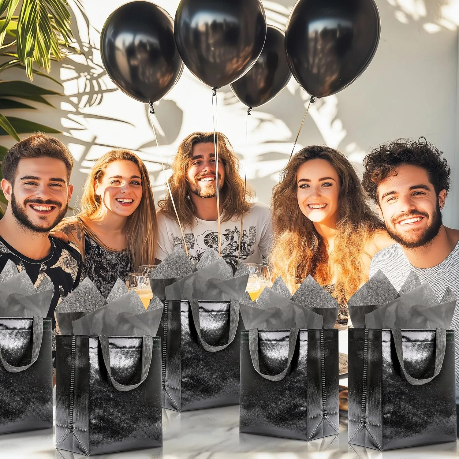 KeerxunBag 12pcs Reusable Gift BagsIncludes Tissue Paper Gift bag with handle Birthdays Parties Holidays Weddings Medium 10x4x8in Black Gift Bags
