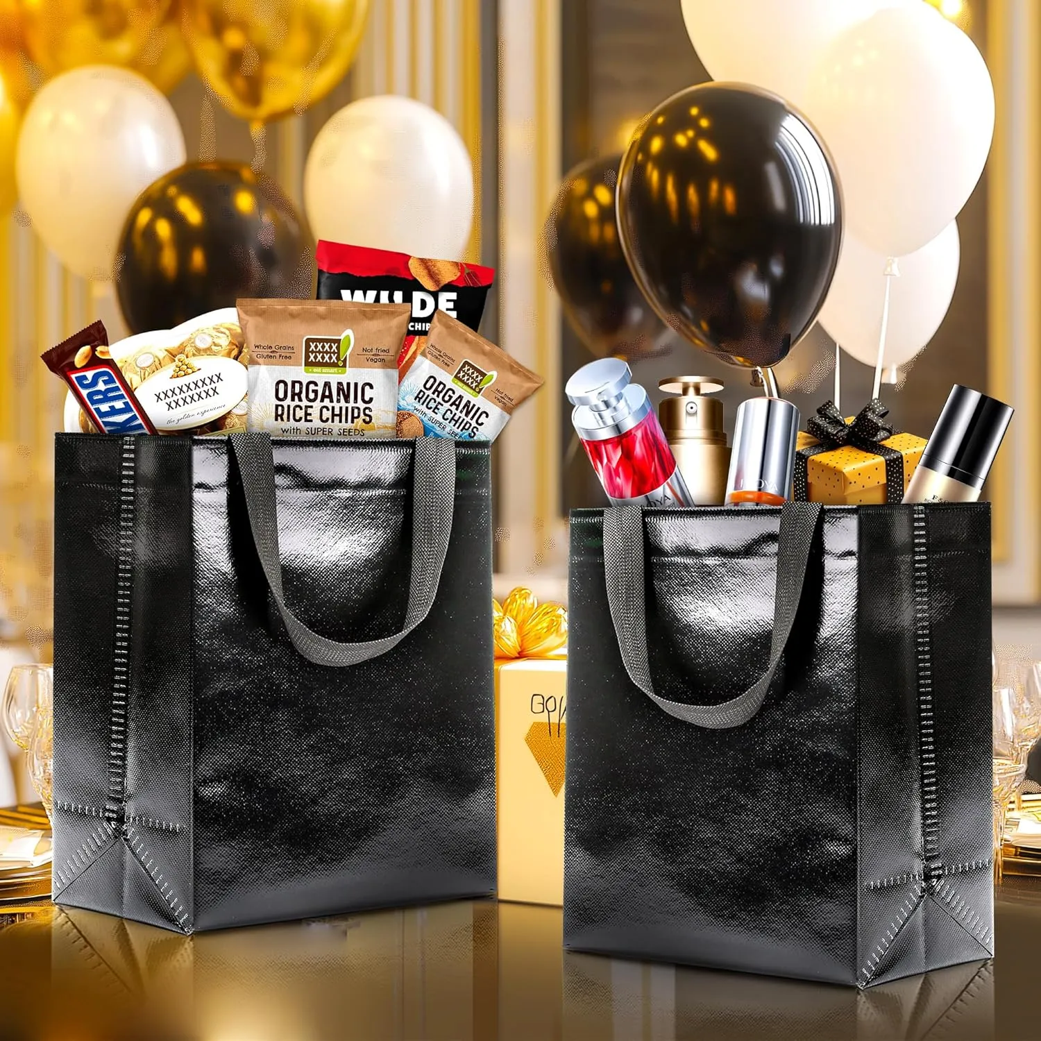 KeerxunBag 12pcs Reusable Gift BagsIncludes Tissue Paper Gift bag with handle Birthdays Parties Holidays Weddings Medium 10x4x8in Black Gift Bags