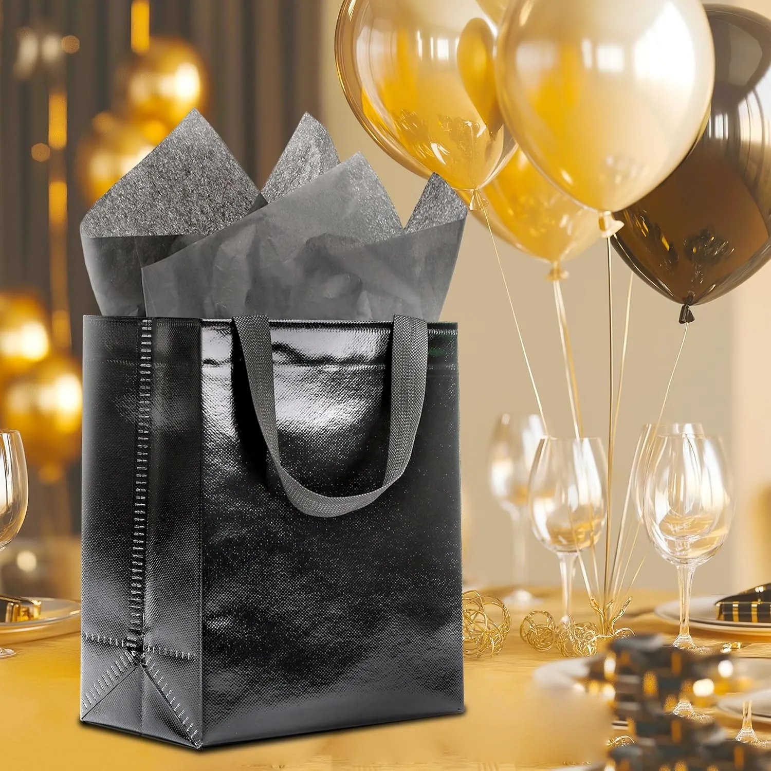 KeerxunBag 12pcs Reusable Gift BagsIncludes Tissue Paper Gift bag with handle Birthdays Parties Holidays Weddings Medium 10x4x8in Black Gift Bags