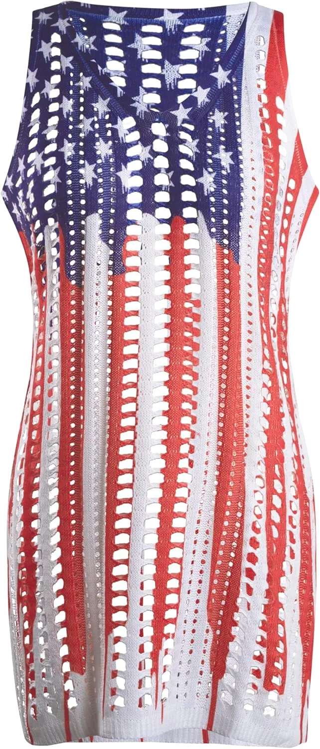 KIDDAD American Flag Swimsuits Coverup for Women Crochet Bathing Suit Cover Ups 4th of July Beach Swimwear Tank Dresses