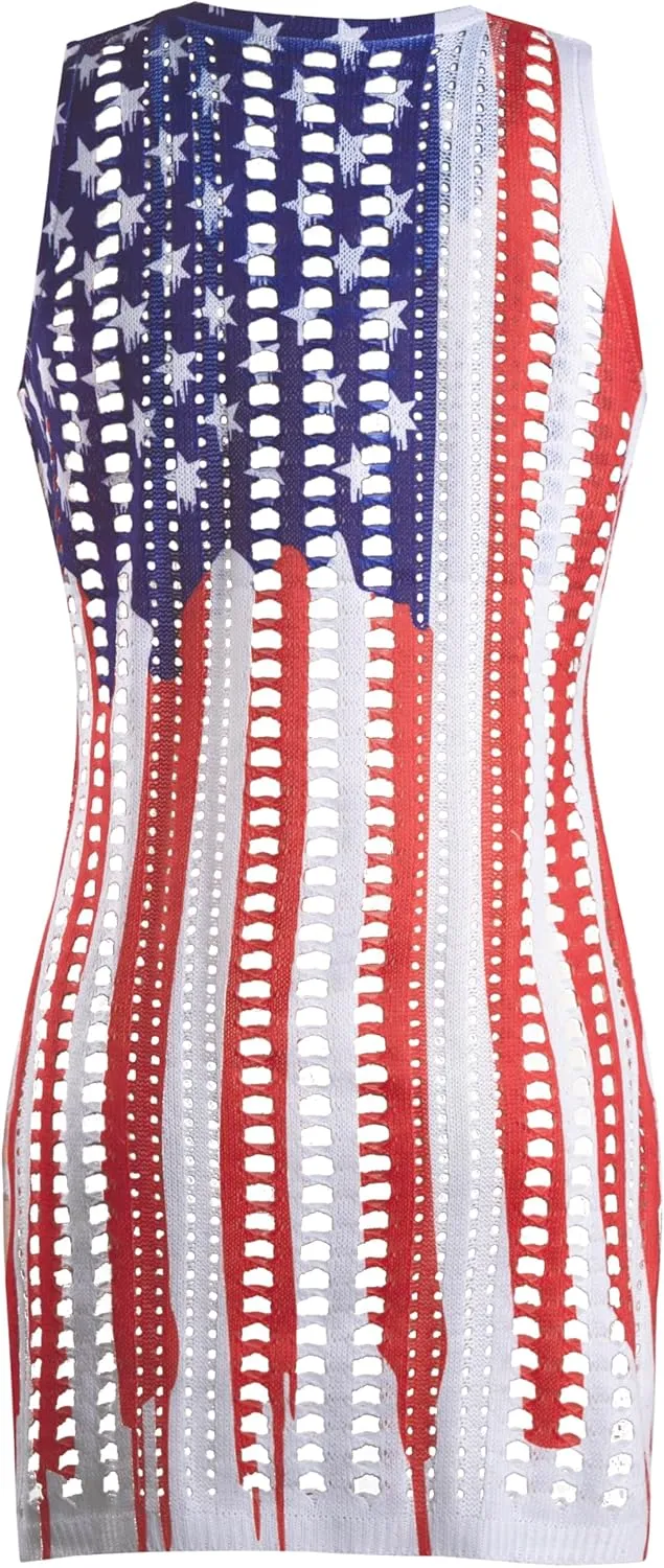 KIDDAD American Flag Swimsuits Coverup for Women Crochet Bathing Suit Cover Ups 4th of July Beach Swimwear Tank Dresses