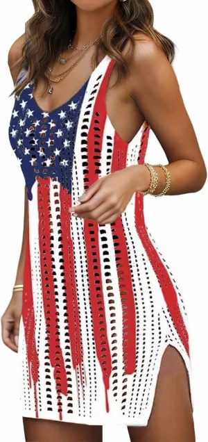 KIDDAD American Flag Swimsuits Coverup for Women Crochet Bathing Suit Cover Ups 4th of July Beach Swimwear Tank Dresses