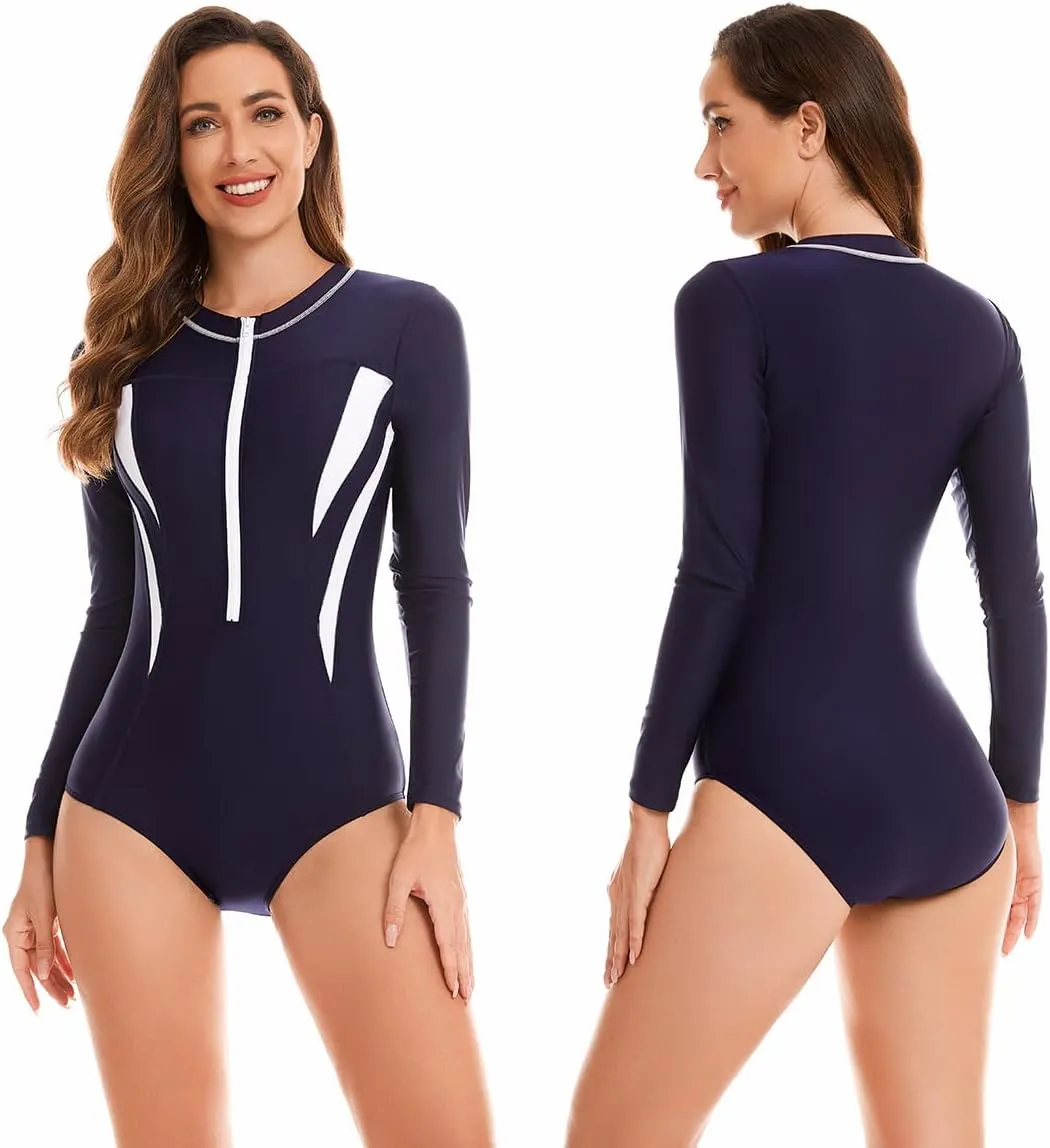 LafyKoly Women's One Piece Rash Guard Swimwear Long Sleeve Zipper UV Protection Swimsuit Surfing Bathing Suits