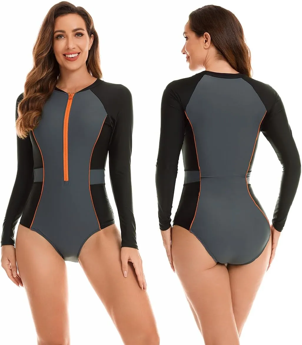 LafyKoly Women's One Piece Rash Guard Swimwear Long Sleeve Zipper UV Protection Swimsuit Surfing Bathing Suits